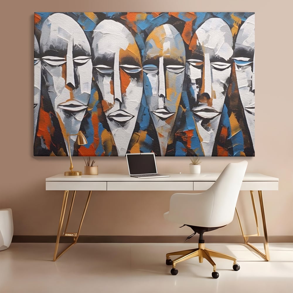 Tablou canvas cu tablou abstract cu masti tribale albe, fara rama, pe sasiu de lemn, pe perete intr-un birou